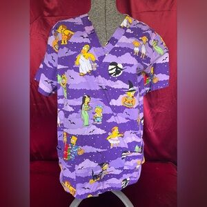 Purple Halloween Cartoon Print Scrub Top